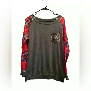Rhinestone Divaz Womens  Charcoal Plaid Sequin Pocket Top Size Small